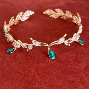 Gold Leaf Headband with Green Gemstones